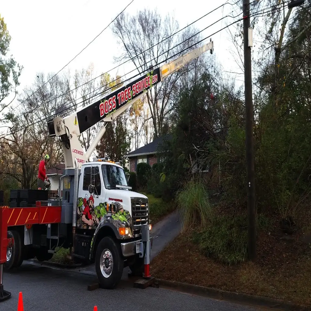 A truck during an emergency tree service job in Sharpsburg, GA